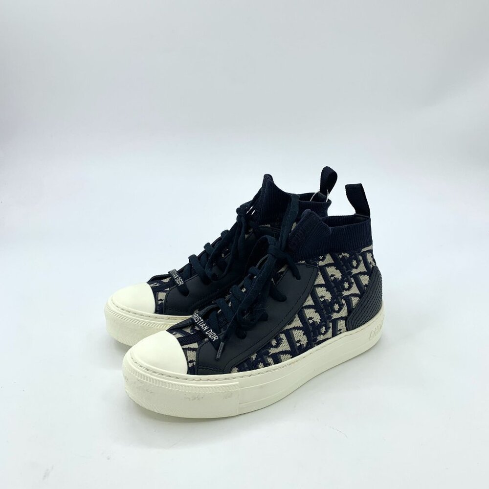 Christian Dior Oblique High-Top Sneakers Navy & White Monogram Canvas Leather Wo